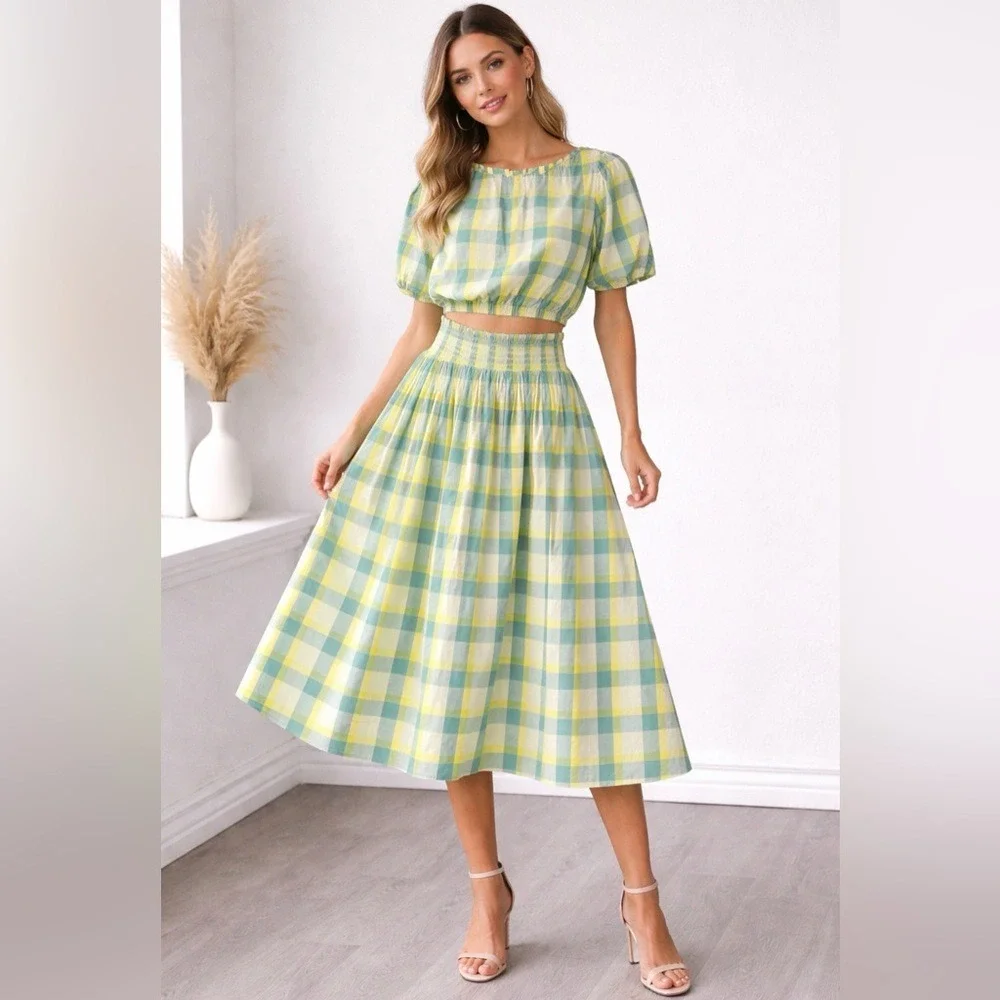 ana A New Approach Plaid 2 Piece Set Crop‎ Top Midi Skirt Yellow Green XS NWT